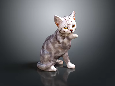 Gray White Cat Statue In Sitting Pose With Raised Front Paw On Gradient Gray Background 3d model
