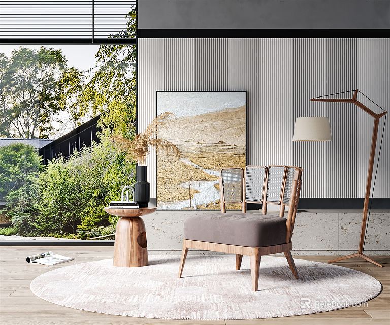 Stylish Accent Chair With Wooden Frame Gray Cushion Floor Lamp Round Rug And Natural View 3d model 
