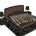 Double Bed With Brown Upholstered Headboard Striped Fur Blanket Wooden Nightstands Gray Table Lamps Patterned Rug