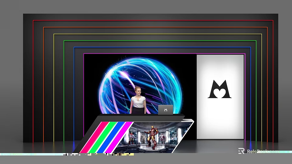 Tech Inspired Reception Desk With Colorful Neon Borders Spherical Pattern And Laptop 3d model 