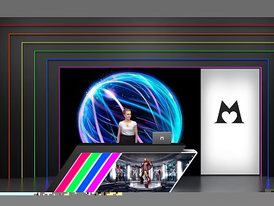 Tech Inspired Reception Desk With Colorful Neon Borders Spherical Pattern And Laptop 3d model