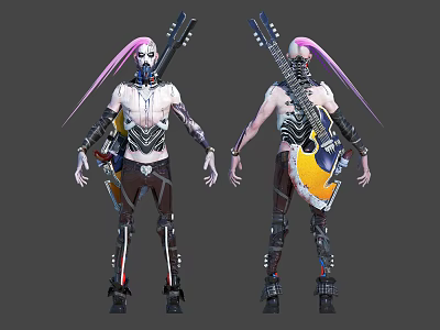 Pink Haired Character With Mechanical Outfit And Guitar Front Back View 3d model