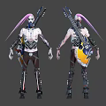 Pink Haired Character With Mechanical Outfit And Guitar Front Back View 3d model