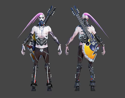 Pink Haired Character With Mechanical Outfit And Guitar Front Back View 3d model