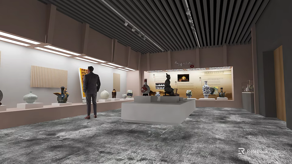Museum Exhibition Hall With Artifacts Display Cases And Visitors Viewing Sculptures 3d model 