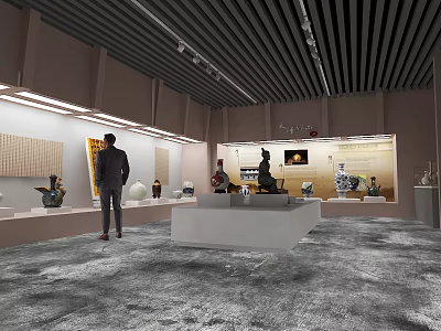 Museum Exhibition Hall With Artifacts Display Cases And Visitors Viewing Sculptures 3d model