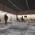 Museum Exhibition Hall With Artifacts Display Cases And Visitors Viewing Sculptures