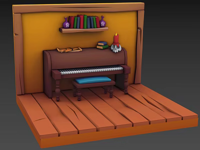 Cozy Studio With Piano And Colorful Art Supplies On Wooden Floor And Yellow Wall 3d model