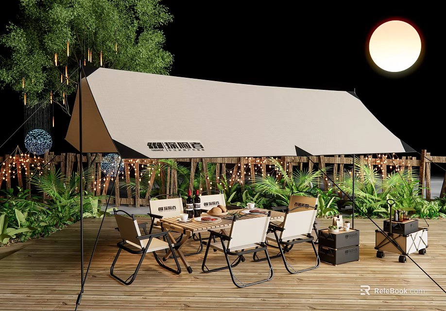 Campsite with Beige Awning Wooden Deck Green Plants Tables Chairs Decorative Lights and Moonlight 3d model 