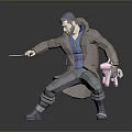 Low Poly Man Wearing Long Coat Hat Holding Wand And Pink Bag In Dynamic Pose