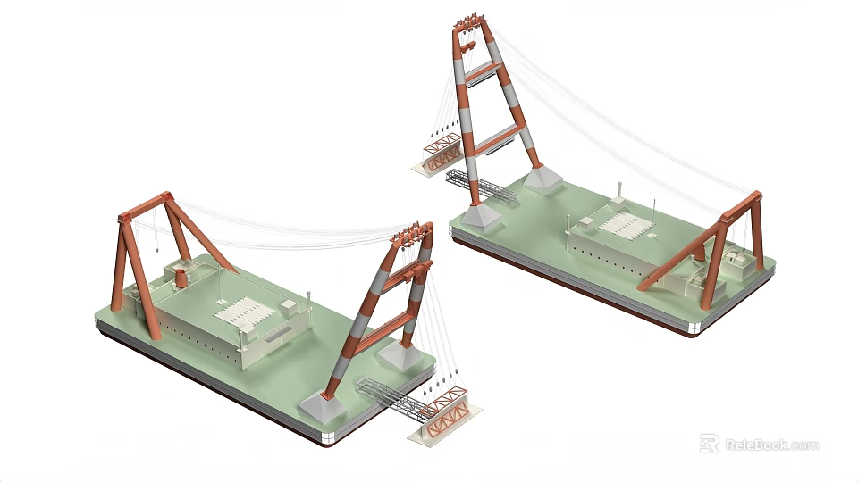 Large Engineering Structures With Red And White Towers Green Base Platforms And Cables 3d model