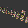 Golden Knight Themed Decorative Figurines With Various Poses Arranged On Black Reflective Surface