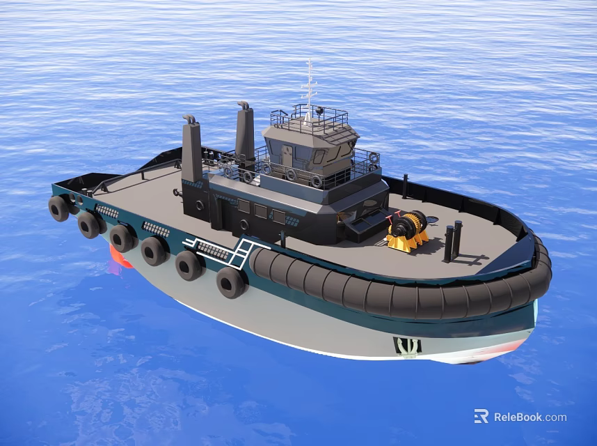 Black Gray Tugboat With Yellow Equipment And Rubber Tires Sailing On Blue Sea 3d model 