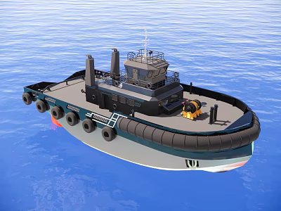 Black Gray Tugboat With Yellow Equipment And Rubber Tires Sailing On Blue Sea 3d model