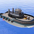 Black Gray Tugboat With Yellow Equipment And Rubber Tires Sailing On Blue Sea