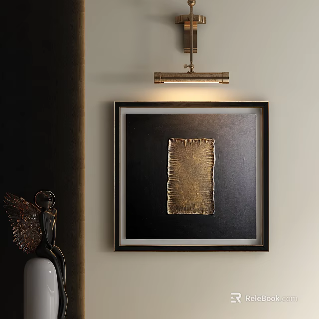 Gold Textured Abstract Painting Black Framed Modern Interior Wall Art Decor 3d model 