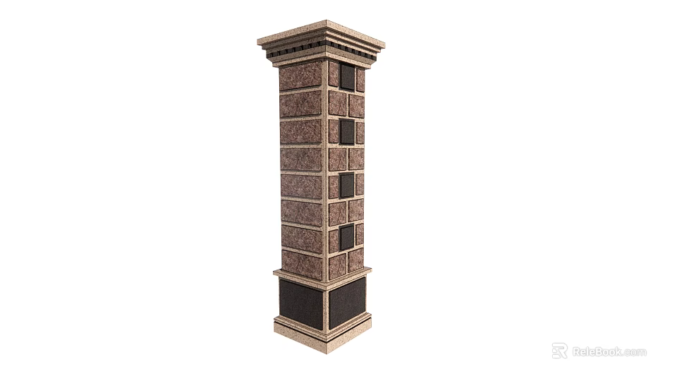 Ornate Brown Stone Pillar Featuring Layered Brick Design Square Indentations And Decorative Top Base 3d model 