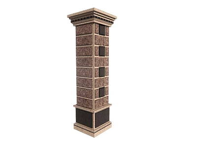 Ornate Brown Stone Pillar Featuring Layered Brick Design Square Indentations And Decorative Top Base 3d model