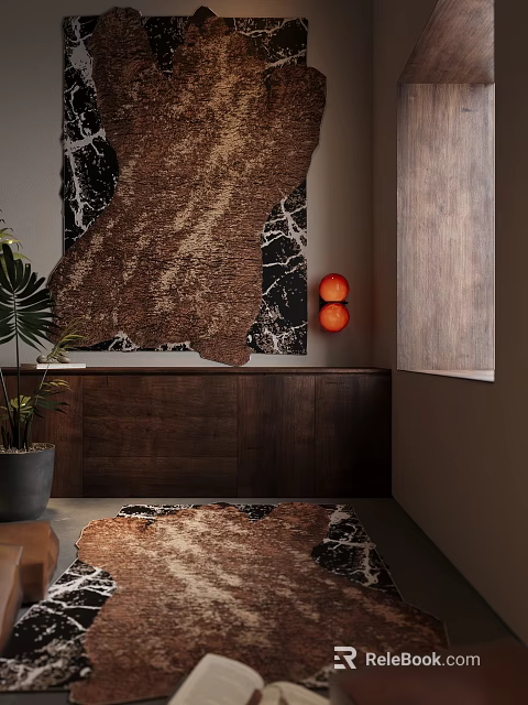 Stylish Brown Black Patterned Rug With Dark Wooden Cabinet Potted Plant And Orange Pendant Lights 3d model 