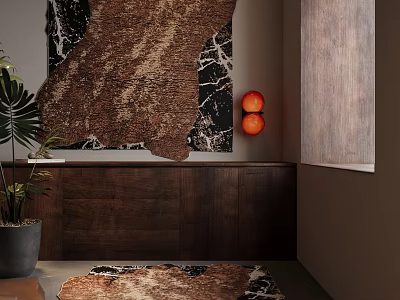 Stylish Brown Black Patterned Rug With Dark Wooden Cabinet Potted Plant And Orange Pendant Lights 3d model