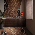 Stylish Brown Black Patterned Rug With Dark Wooden Cabinet Potted Plant And Orange Pendant Lights