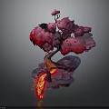 Unique Artistic Tree with Pink Leaves Red Lava Flowing Glowing Base