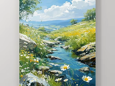 Serene Landscape Painting With Flowing Stream Wildflowers Rocks And Green Meadow Under Blue Sky 3d model