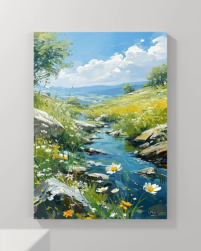 Serene Landscape Painting With Flowing Stream Wildflowers Rocks And Green Meadow Under Blue Sky 3d model