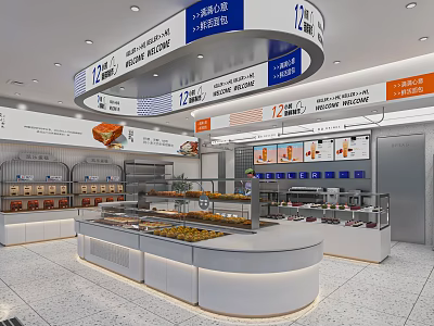 Dessert Shop Interior Design With Open Display Counters And Assorted Fresh Desserts 3d model