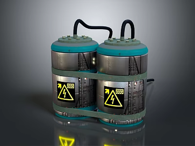 Industrial Metal Containers With Yellow Warning Symbols And Connected Hoses 3d model