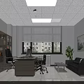 Modern Office Interior With Bookshelves Desk Chairs Sofa Potted Plant Window Blinds And Framed Painting