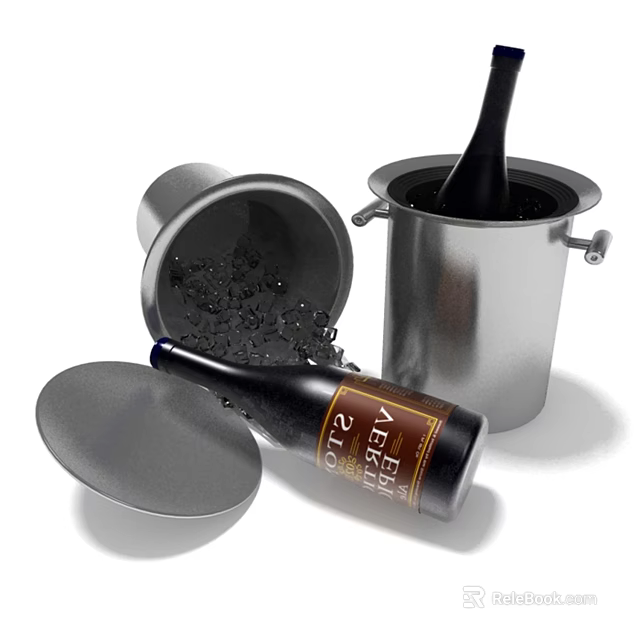 Verse 2018 Wine Bottle And Glass With Stainless Steel Ice Bucket And Ice Cubes 3d model 