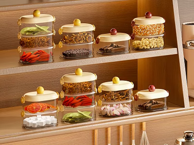 Glass Spice Jars with Colored Lids on Wooden Shelf Holding Various Seasonings 3d model