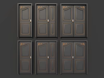 Dark Hinged Doors with Gold Accents and Intricate Carved Designs 3d model