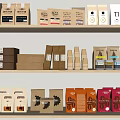 Various Coffee Packaging Products On Shelves With Different Designs And Colors 3d model