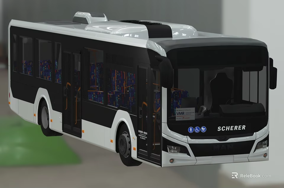 Modern Scherer Bus With Black And White Exterior And Interior Seats 3d model 