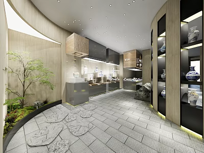 Elegant Showroom Interior With Display Cabinets Ceramic Items Indoor Tree And Stone Tile Floor 3d model