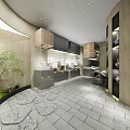 Elegant Showroom Interior With Display Cabinets Ceramic Items Indoor Tree And Stone Tile Floor
