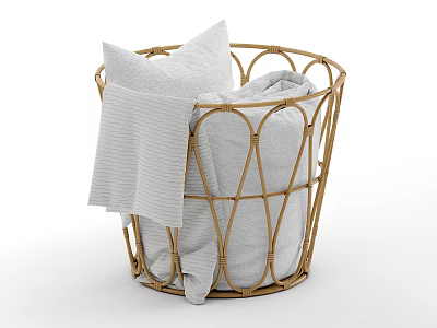 Modern Wicker Storage Basket With White Pillow And Soft Blanket 3d model