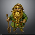 Fantasy Dwarf Character In Green Outfit With Golden Long Hair And Braided Beard Holding Shovel