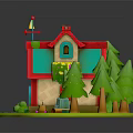 Cute Small House With Red And Blue Roofs Surrounded By Green Trees Lawn And Path