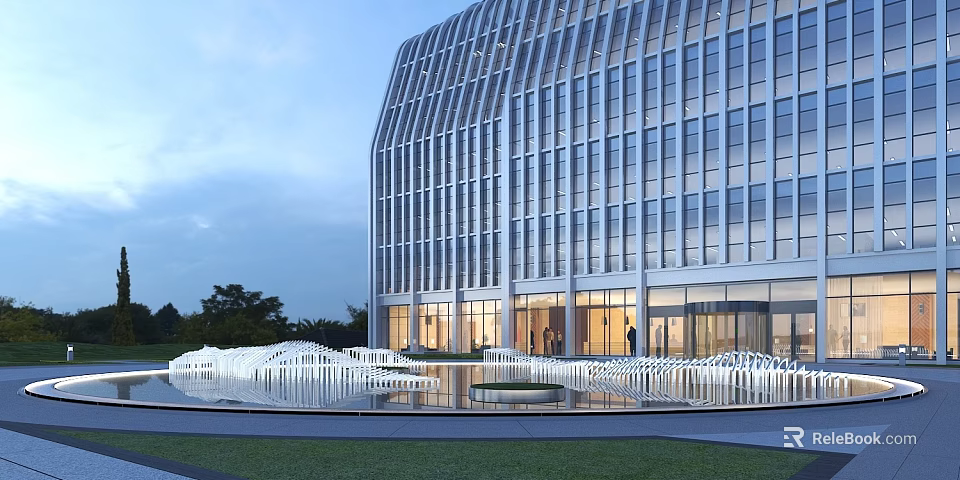 Modern Office Building With Curved Glass Facade And Water Reflection In Evening Light 3d model 