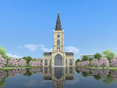 European Style Architecture With Spire Tower Clock Water Reflection And Cherry Blossom Trees 3d model