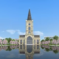 European Style Architecture With Spire Tower Clock Water Reflection And Cherry Blossom Trees