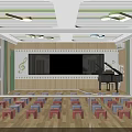 Elementary School Classroom with Piano Colorful Stools Ball Toys Wooden Floor and Musical Note Decorations