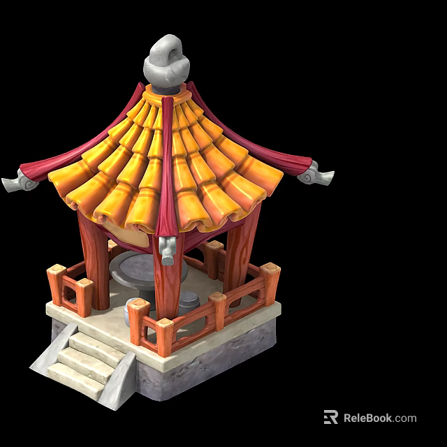 Traditional Chinese Pavilion With Yellow Tiled Roof Red Columns And Wooden Railings 3d model 