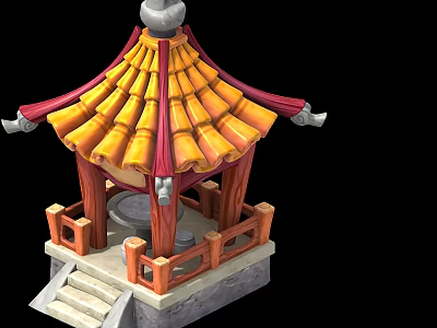 Traditional Chinese Pavilion With Yellow Tiled Roof Red Columns And Wooden Railings 3d model
