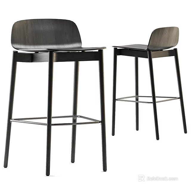 Set of Two Modern Bar Stools with Black Metal Frame Curved Backrest and Wooden Seat 3d model 