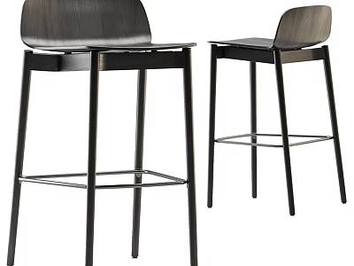 Set of Two Modern Bar Stools with Black Metal Frame Curved Backrest and Wooden Seat 3d model