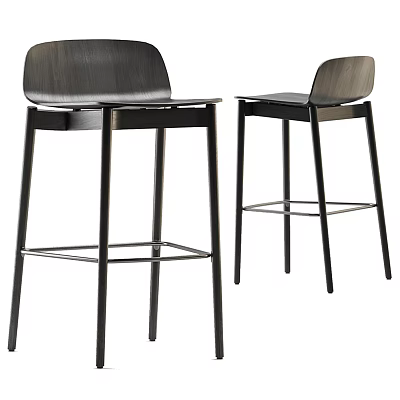 Set of Two Modern Bar Stools with Black Metal Frame Curved Backrest and Wooden Seat 3d model